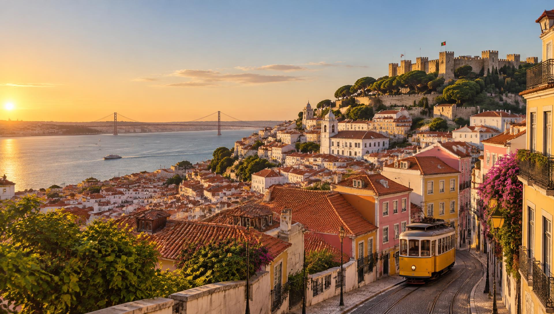 Golden-hour view of Lisbon's Alfama rooftops, river and yellow tram
